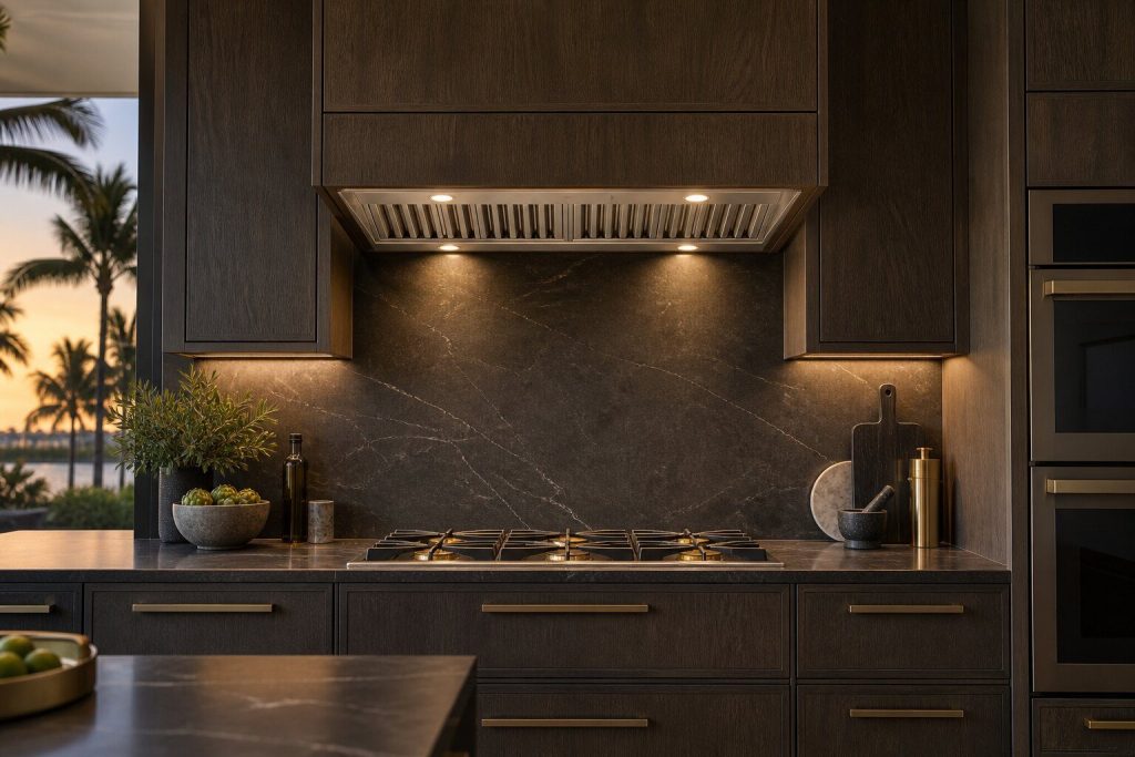 A 36-inch hood liner insert standing in a run of dark fitted cabinetry in a kitchen, in warm low light.