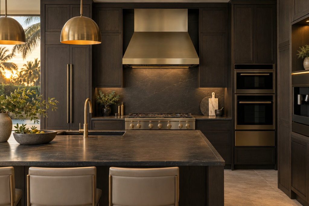 A 36-inch pro-canopy wall hood standing in a run of dark fitted cabinetry in a kitchen, in warm low light.