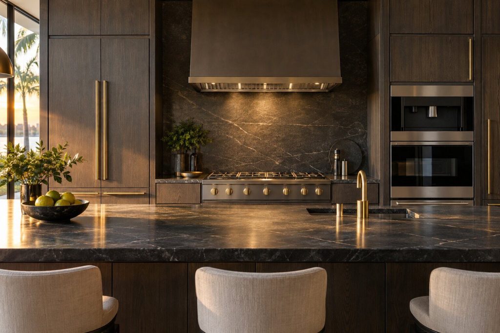 A 48-inch hood liner insert standing in a run of dark fitted cabinetry in a kitchen, in warm low light.