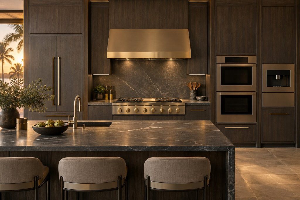 A 48-inch pro-canopy wall hood standing in a run of dark fitted cabinetry in a kitchen, in warm low light.