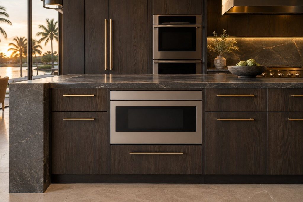 A 30-inch drawer microwave standing in a run of dark fitted cabinetry in a kitchen, in warm low light.