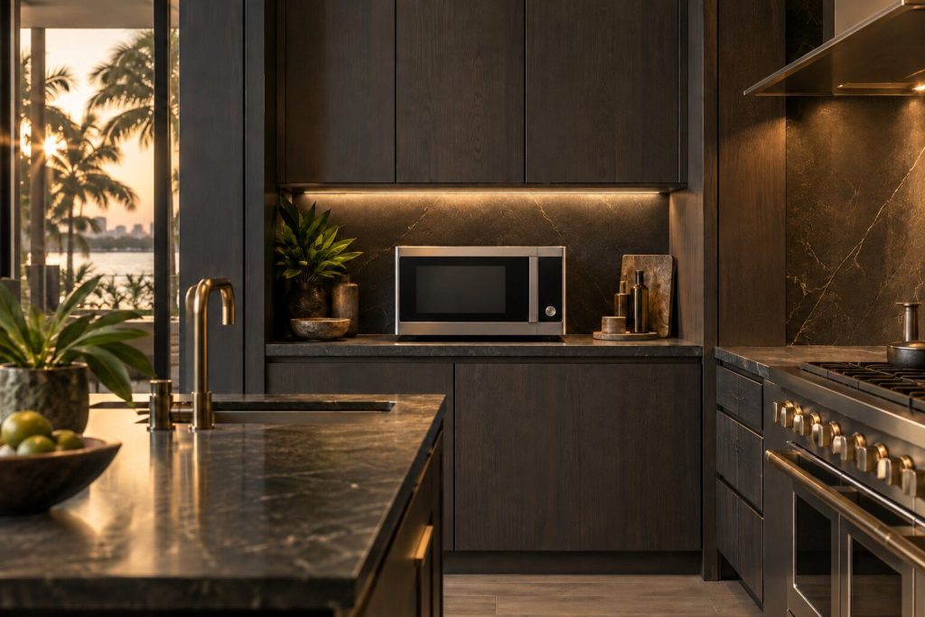 A 24-inch countertop microwave standing in a run of dark fitted cabinetry in a kitchen, in warm low light.
