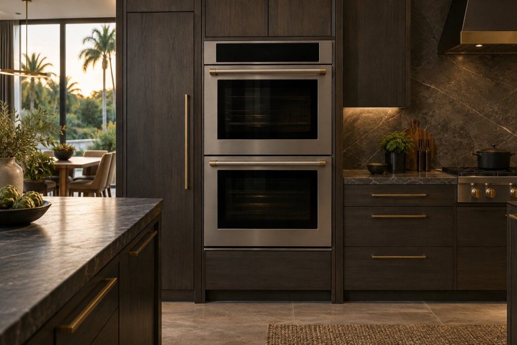 A 30-inch double wall oven with steam standing in a run of dark fitted cabinetry in a kitchen, in warm low light.