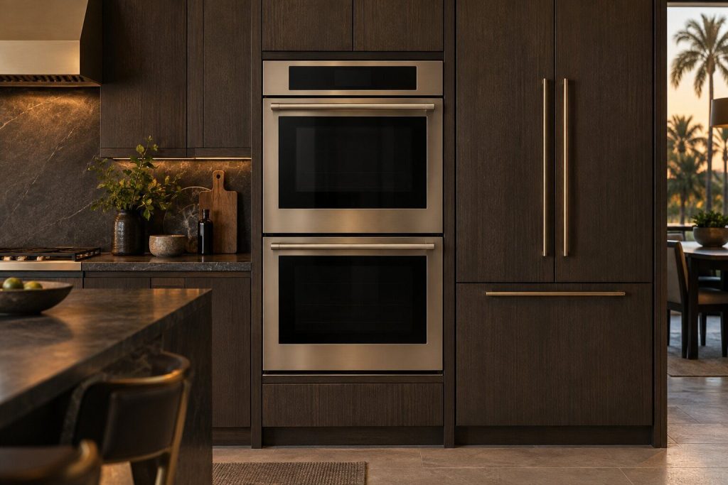 A 30-inch double wall oven with steam standing in a run of dark fitted cabinetry in a kitchen, in warm low light.