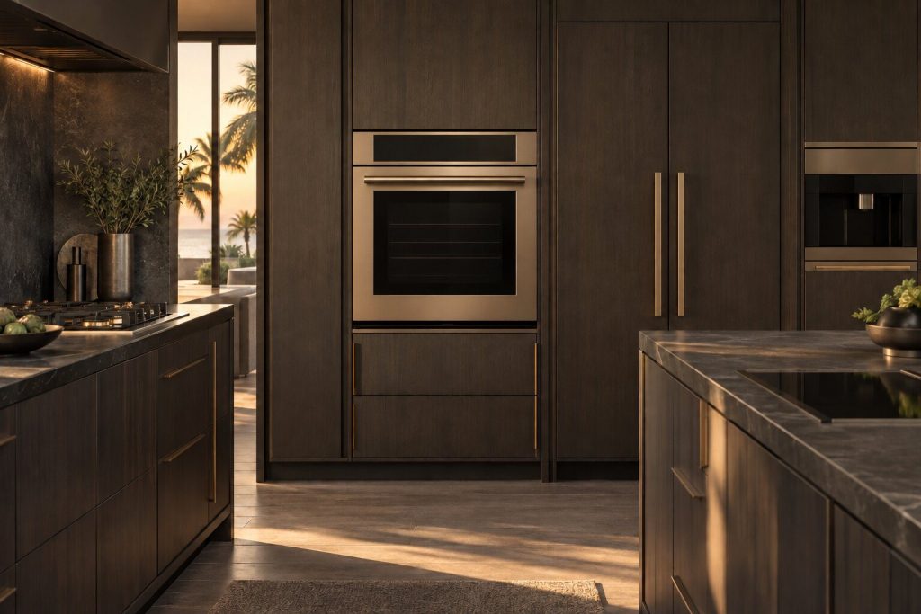 A 30-inch single wall oven with steam standing in a run of dark fitted cabinetry in a kitchen, in warm low light.