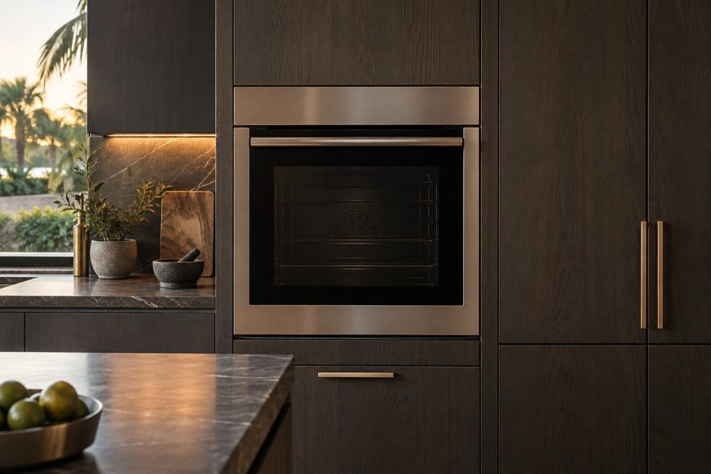 A 30-inch single wall oven with steam standing in a run of dark fitted cabinetry in a kitchen, in warm low light.