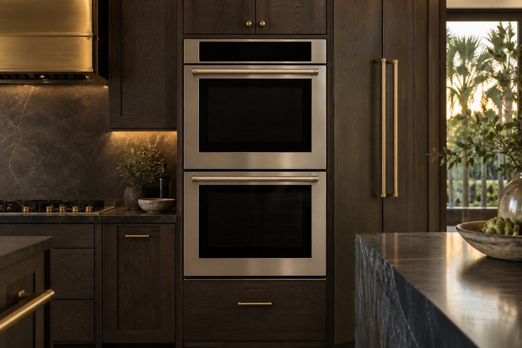 A 30-inch double wall oven, no steam standing in a run of dark fitted cabinetry in a kitchen, in warm low light.