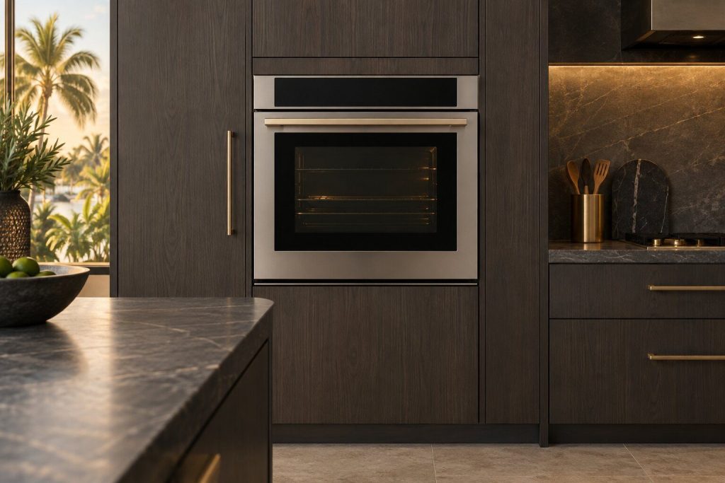 A 30-inch single wall oven, no steam standing in a run of dark fitted cabinetry in a kitchen, in warm low light.