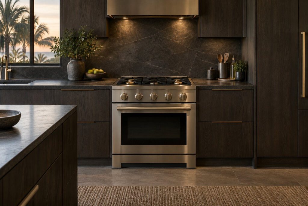 A 30-inch dual-fuel range standing in a run of dark fitted cabinetry in a kitchen, in warm low light.