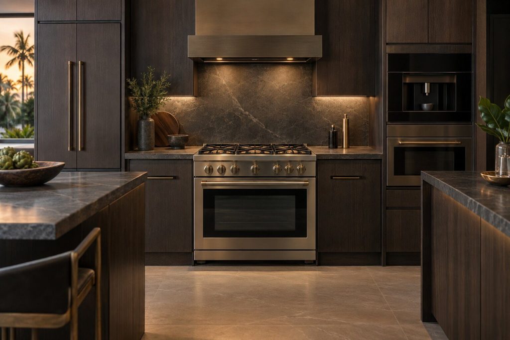 A 36-inch dual-fuel range with steam standing in a run of dark fitted cabinetry in a kitchen, in warm low light.