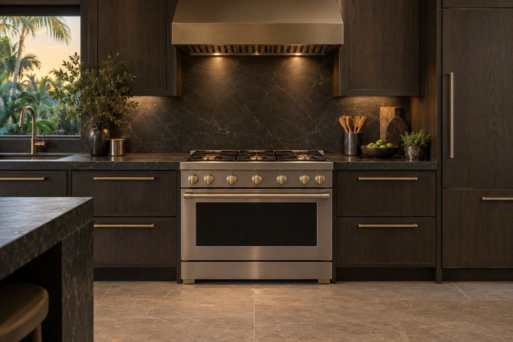 A 36-inch professional dual-fuel range standing in a run of dark fitted cabinetry in a kitchen, in warm low light.