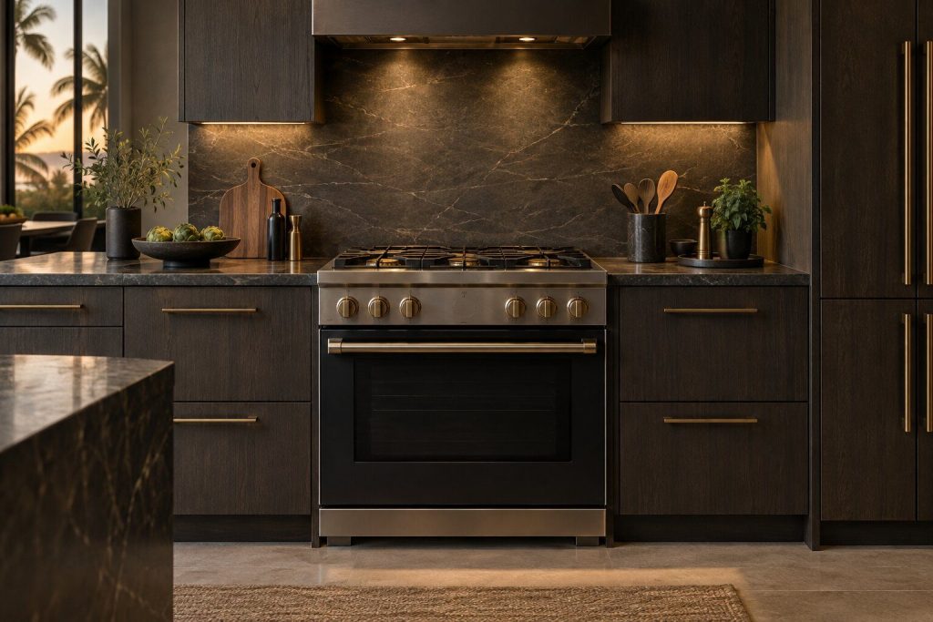 A 36-inch dual-fuel range standing in a run of dark fitted cabinetry in a kitchen, in warm low light.