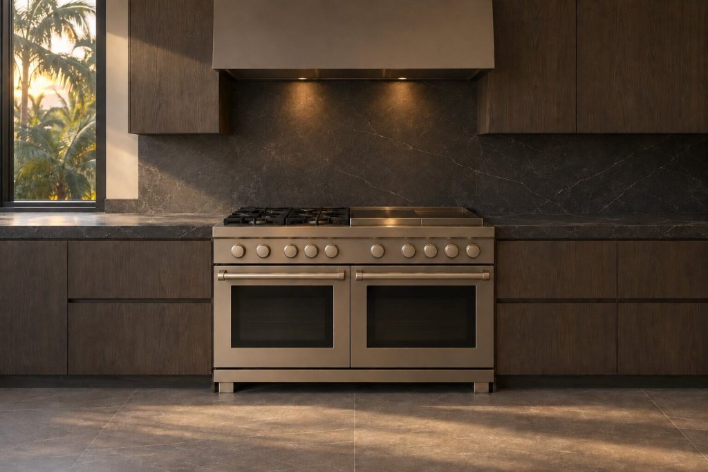 A 48-inch dual-fuel range with steam and an integrated griddle standing in a run of dark fitted cabinetry in a kitchen, in warm low light.