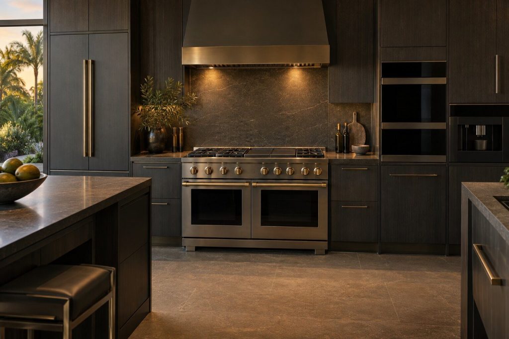 A 48-inch professional dual-fuel range standing in a run of dark fitted cabinetry in a kitchen, in warm low light.