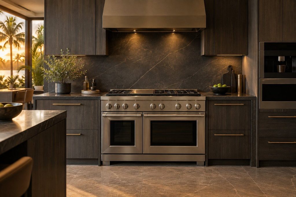 A 48-inch dual-fuel range standing in a run of dark fitted cabinetry in a kitchen, in warm low light.