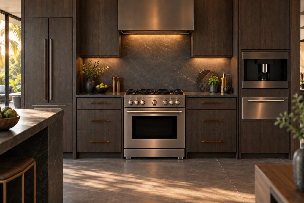 A 30-inch dual-fuel range standing in a run of dark fitted cabinetry in a kitchen, in warm low light.
