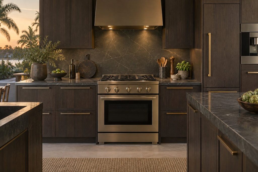 A 30-inch gas range standing in a run of dark fitted cabinetry in a kitchen, in warm low light.
