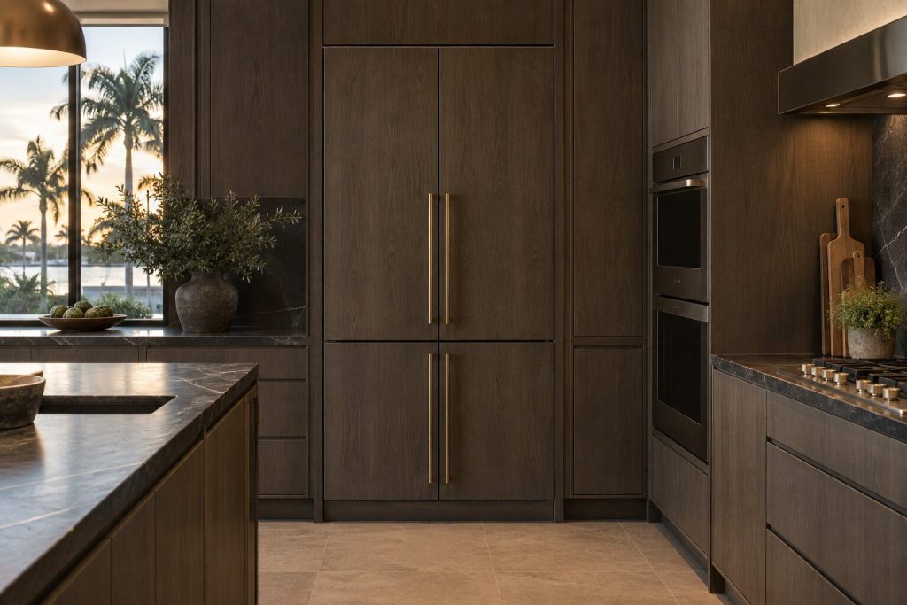 A 36-inch built-in panel-ready french door refrigerator standing in a run of dark fitted cabinetry in a kitchen, in warm low light.