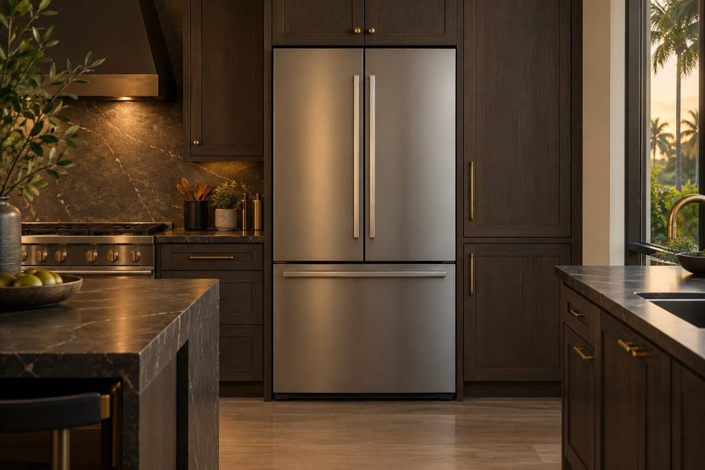 A 36-inch freestanding french door refrigerator standing in a run of dark fitted cabinetry in a kitchen, in warm low light.