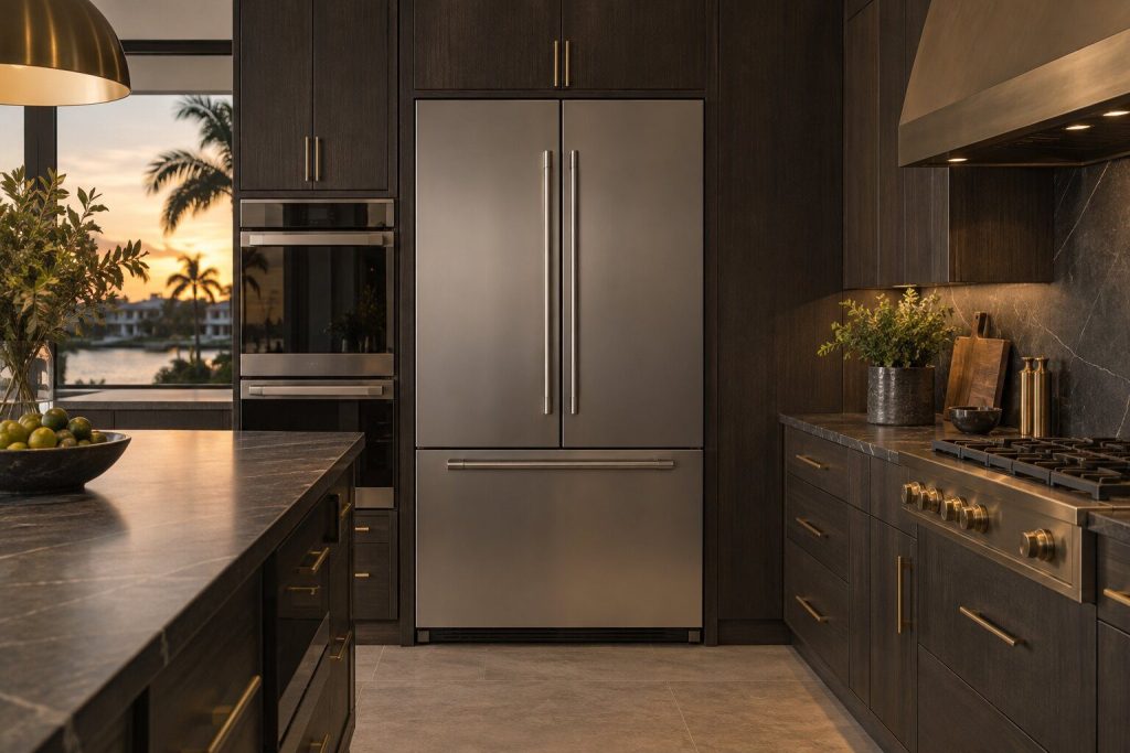 A 36-inch counter-depth french door refrigerator standing in a run of dark fitted cabinetry in a kitchen, in warm low light.