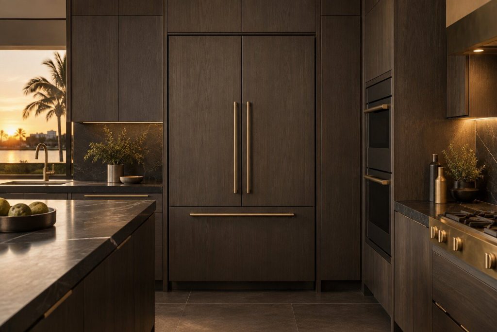 A 42-inch panel-ready french door refrigerator standing in a run of dark fitted cabinetry in a kitchen, in warm low light.