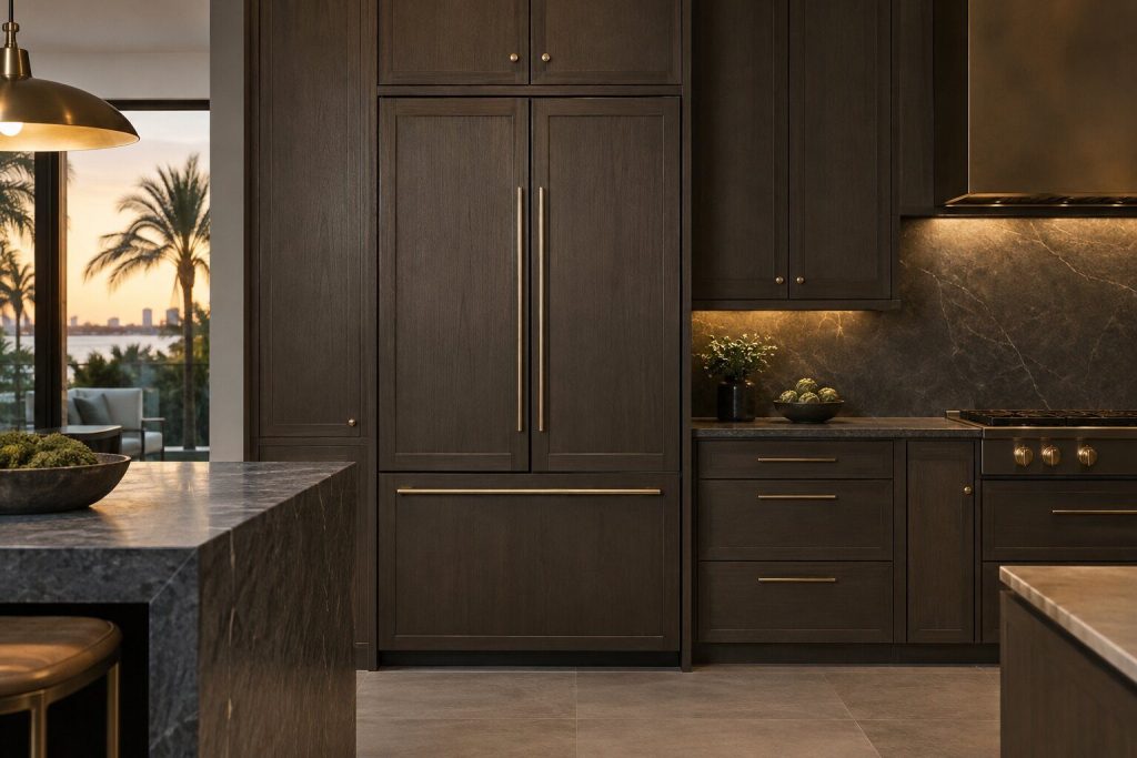 A 42-inch panel-ready french door refrigerator standing in a run of dark fitted cabinetry in a kitchen, in warm low light.