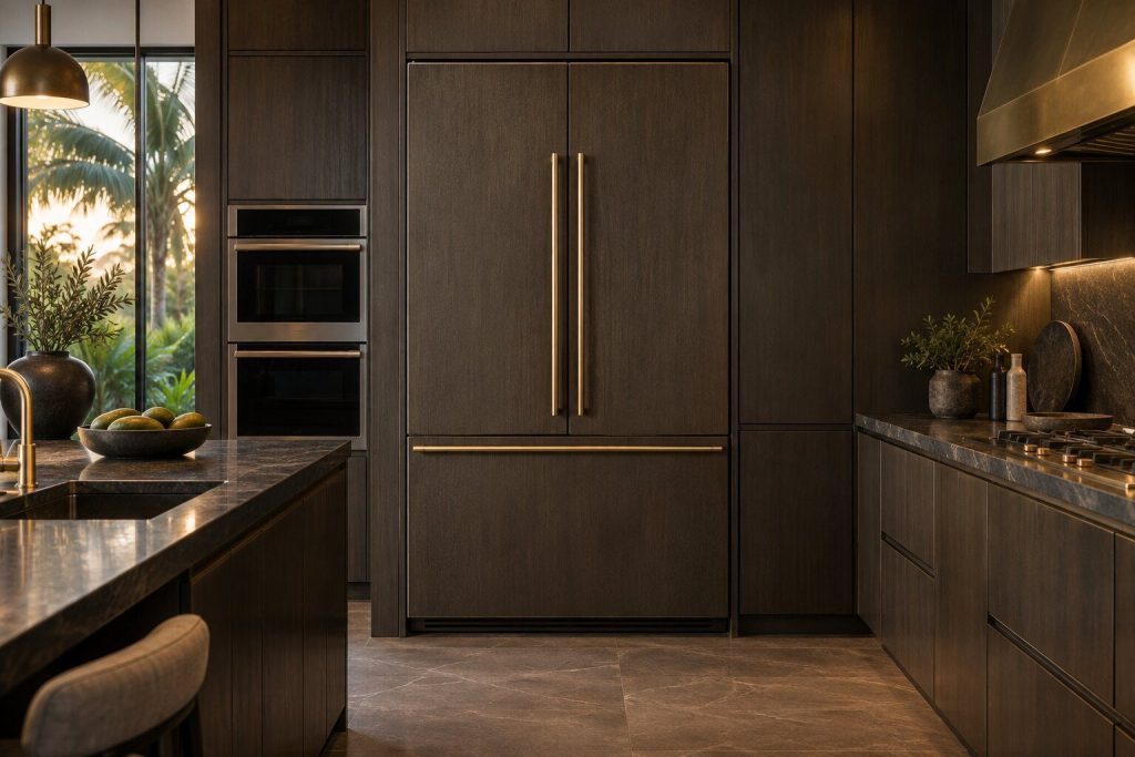 A 48-inch panel-ready french door refrigerator standing in a run of dark fitted cabinetry in a kitchen, in warm low light.