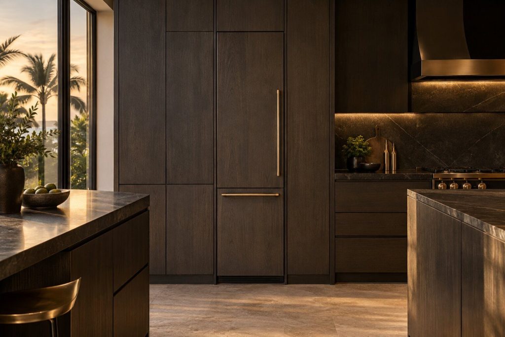 A 24-inch panel-ready refrigerator column standing in a run of dark fitted cabinetry in a kitchen, in warm low light.