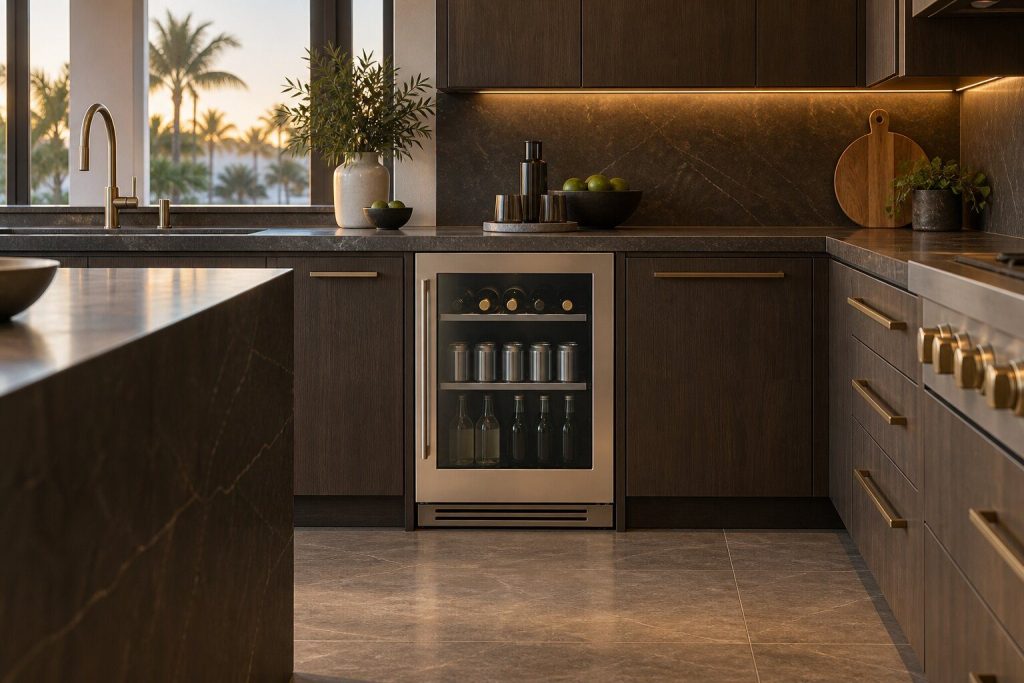 A 24-inch undercounter beverage refrigerator standing in a run of dark fitted cabinetry in a kitchen, in warm low light.