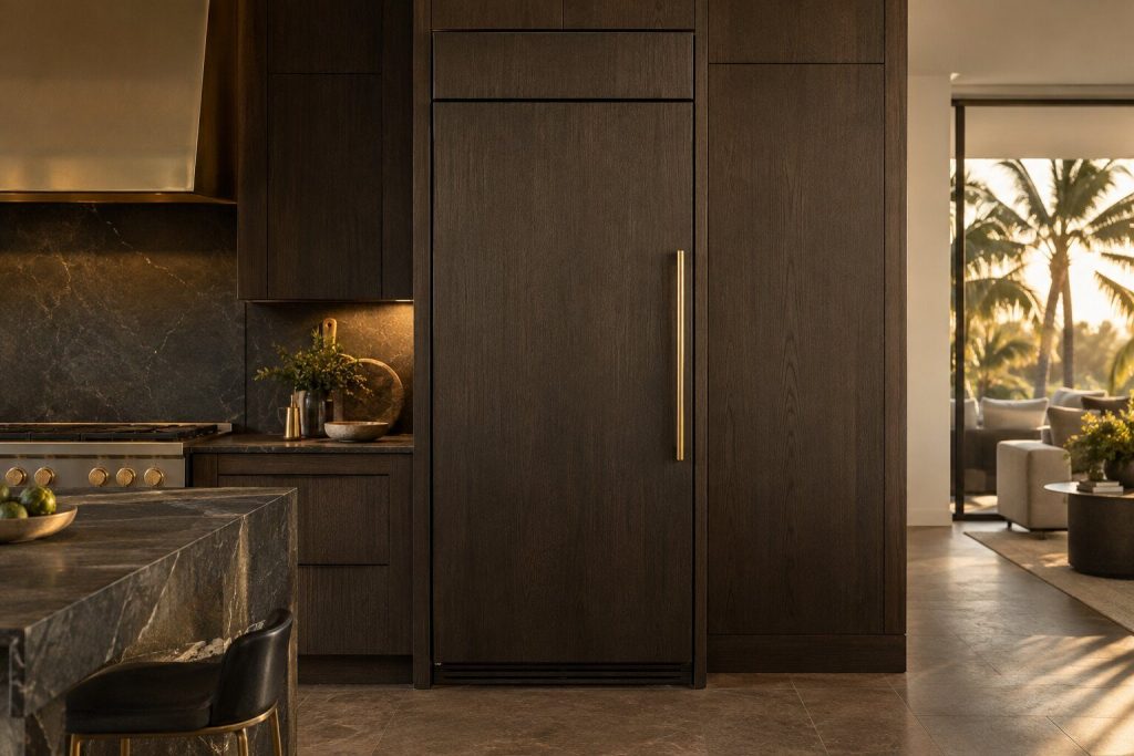 A 30-inch panel-ready refrigerator column standing in a run of dark fitted cabinetry in a kitchen, in warm low light.
