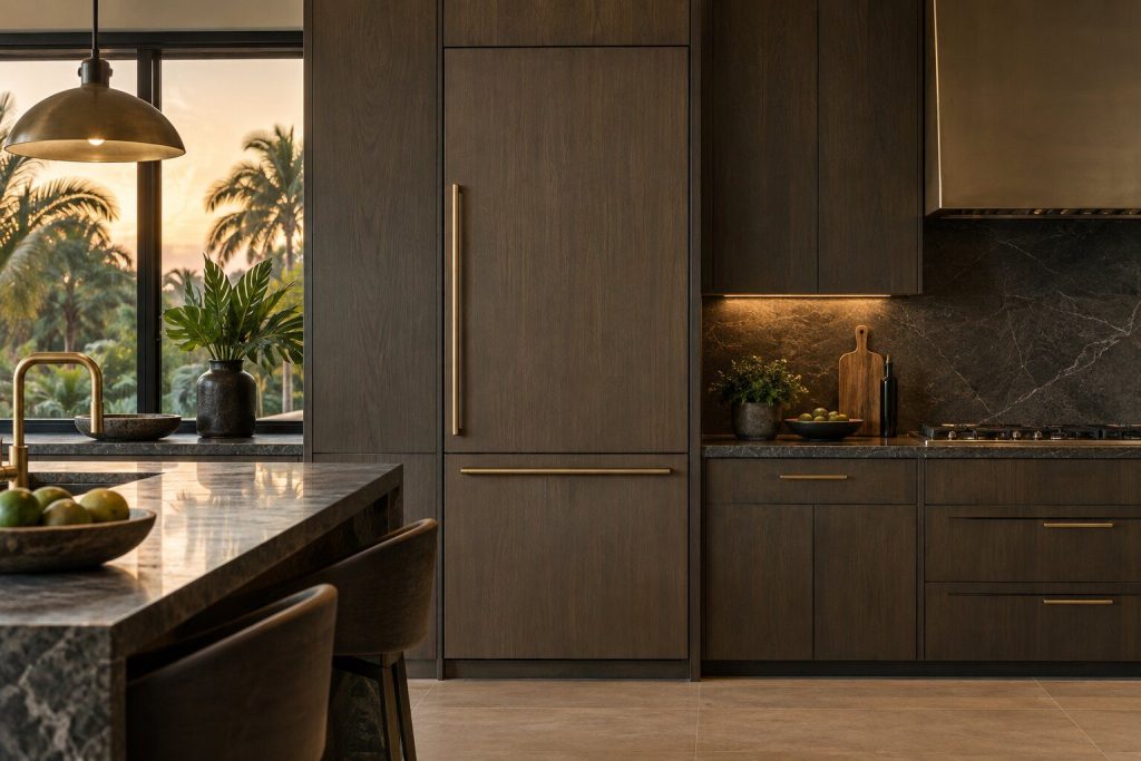 A 36-inch panel-ready refrigerator column standing in a run of dark fitted cabinetry in a kitchen, in warm low light.