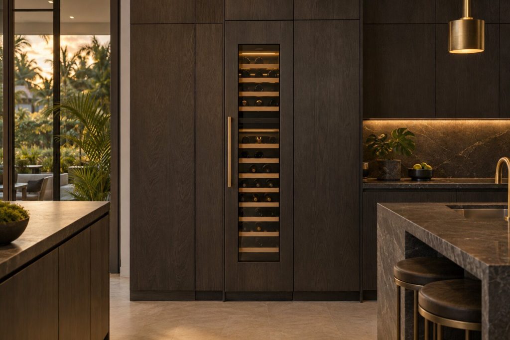 A 24-inch panel-ready wine column standing in a run of dark fitted cabinetry in a kitchen, in warm low light.