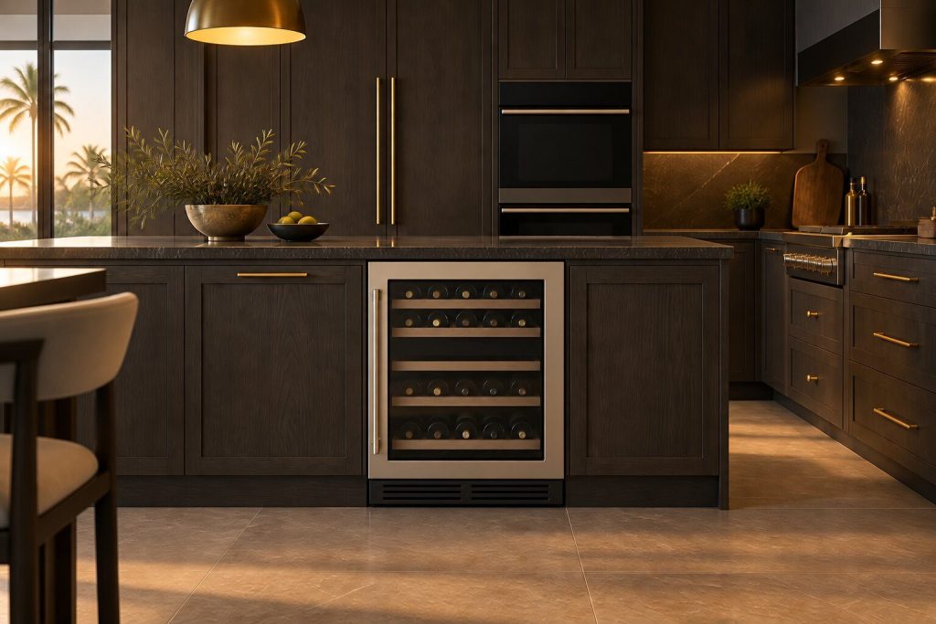 A 24-inch undercounter wine cellar standing in a run of dark fitted cabinetry in a kitchen, in warm low light.