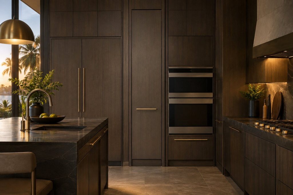 An 18-inch panel-ready freezer column standing in a run of dark fitted cabinetry in a kitchen, in warm low light.