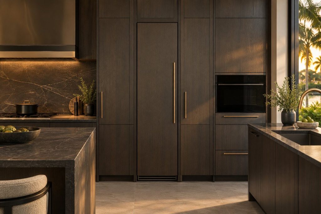 A 24-inch panel-ready freezer column standing in a run of dark fitted cabinetry in a kitchen, in warm low light.