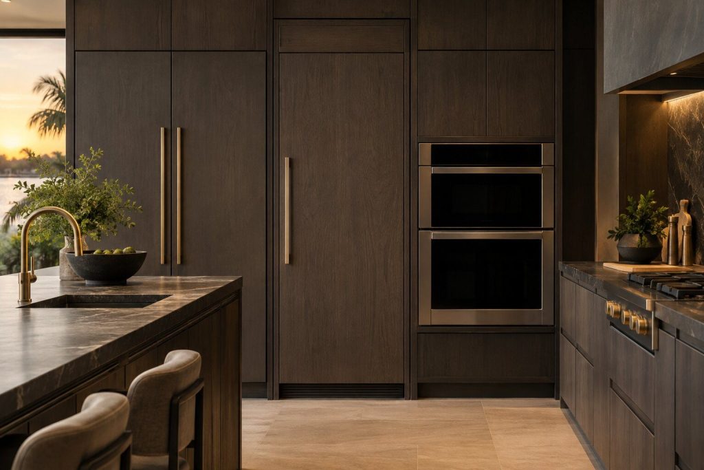 A 30-inch panel-ready freezer column standing in a run of dark fitted cabinetry in a kitchen, in warm low light.