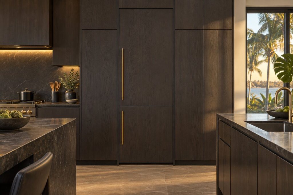 A 36-inch panel-ready freezer column standing in a run of dark fitted cabinetry in a kitchen, in warm low light.