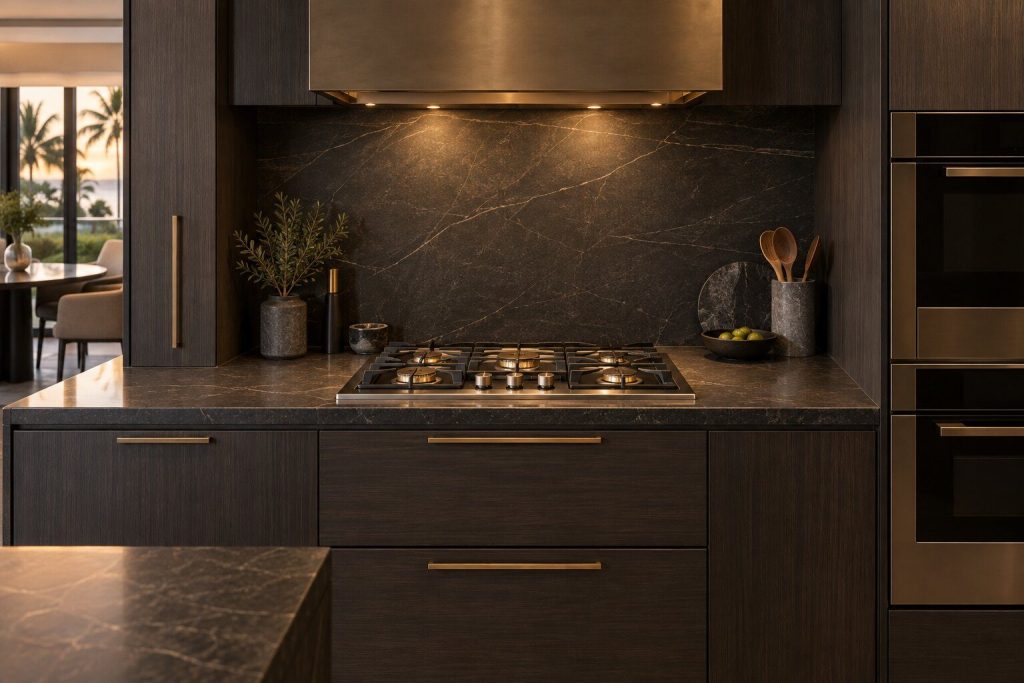 A 30-inch gas cooktop standing in a run of dark fitted cabinetry in a kitchen, in warm low light.