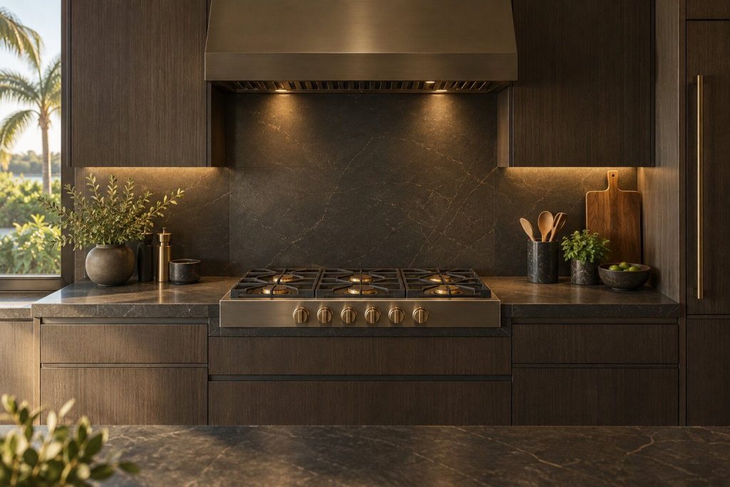 A 36-inch gas cooktop standing in a run of dark fitted cabinetry in a kitchen, in warm low light.
