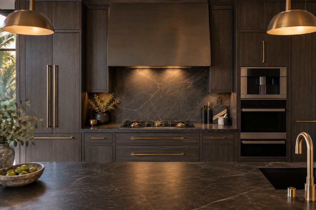 A 36-inch gas cooktop standing in a run of dark fitted cabinetry in a kitchen, in warm low light.