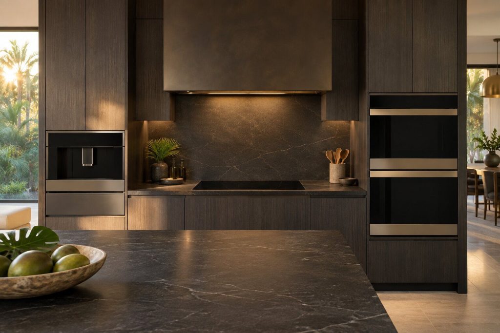 A 30-inch frameless induction cooktop standing in a run of dark fitted cabinetry in a kitchen, in warm low light.