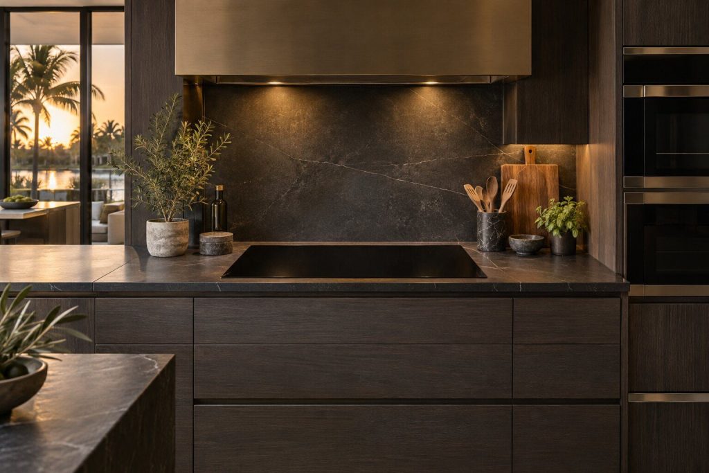 A 36-inch frameless induction cooktop standing in a run of dark fitted cabinetry in a kitchen, in warm low light.