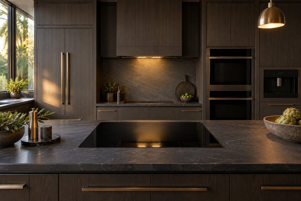 A 36-inch frameless induction cooktop standing in a run of dark fitted cabinetry in a kitchen, in warm low light.