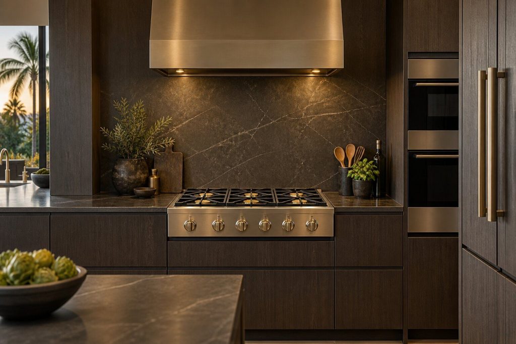 A 36-inch gas rangetop, six burners standing in a run of dark fitted cabinetry in a kitchen, in warm low light.