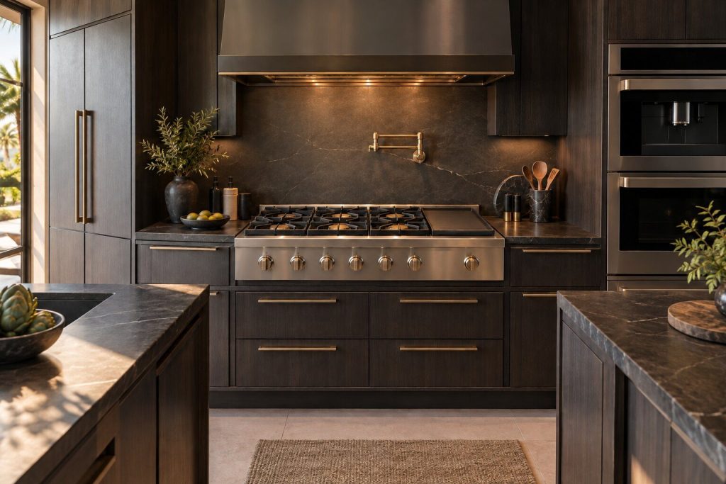 A 48-inch gas rangetop, six burners with a griddle standing in a run of dark fitted cabinetry in a kitchen, in warm low light.