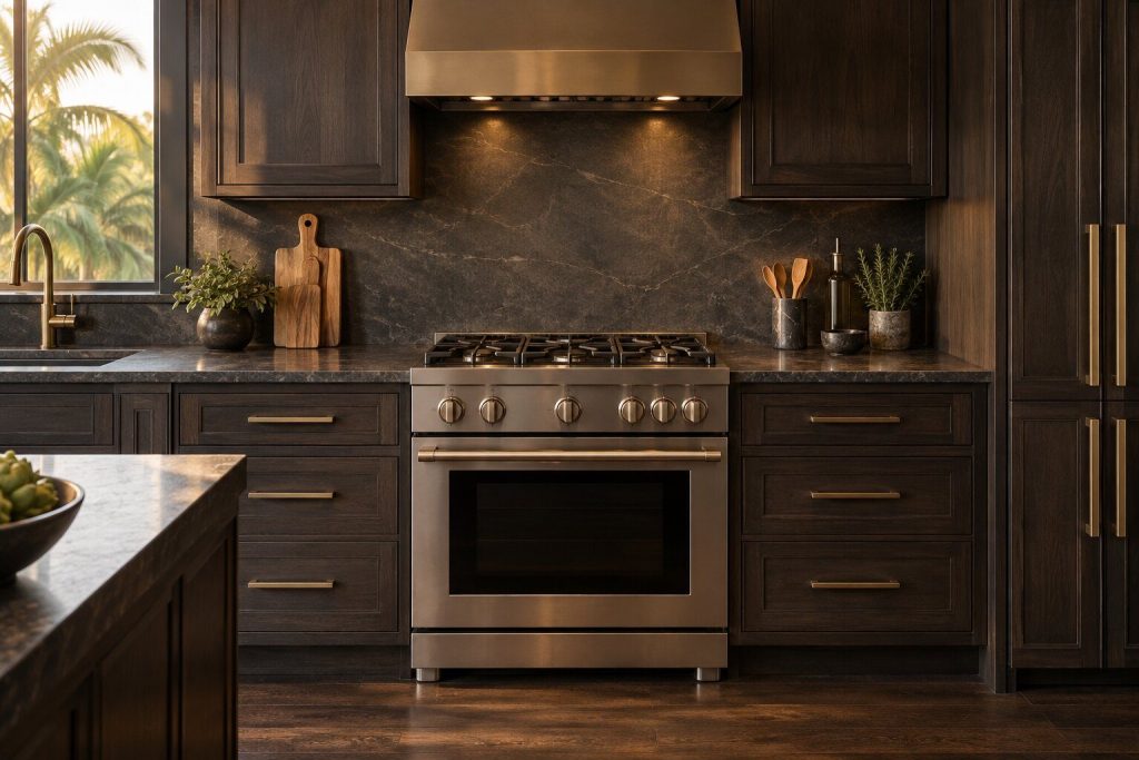 A 30-inch range standing in a run of dark fitted cabinetry in a kitchen, in warm low light.