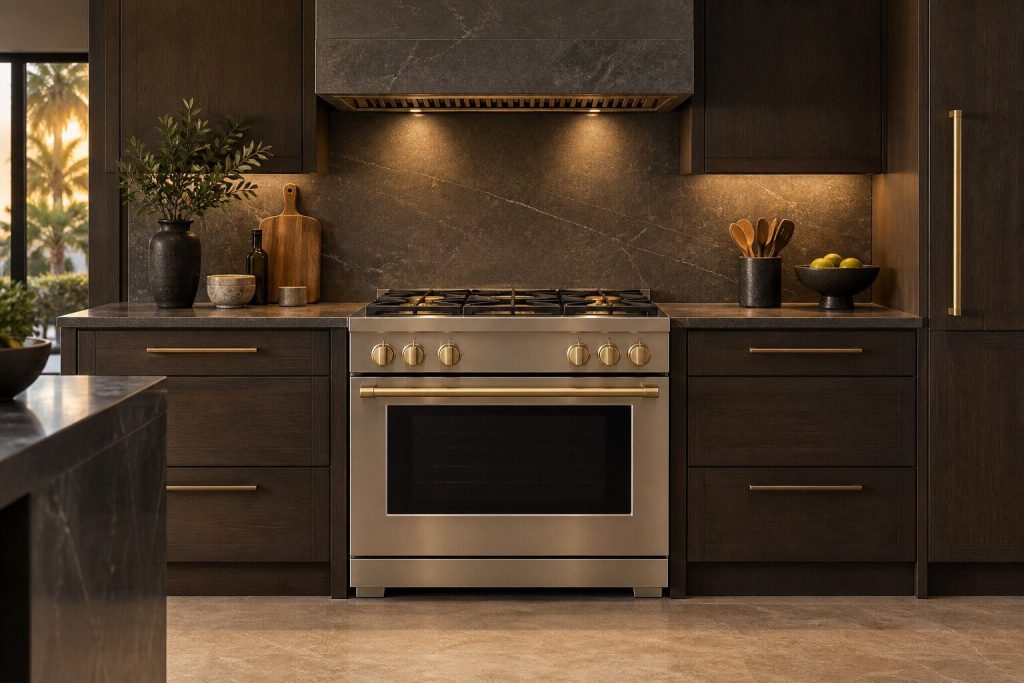 A 36-inch range standing in a run of dark fitted cabinetry in a kitchen, in warm low light.