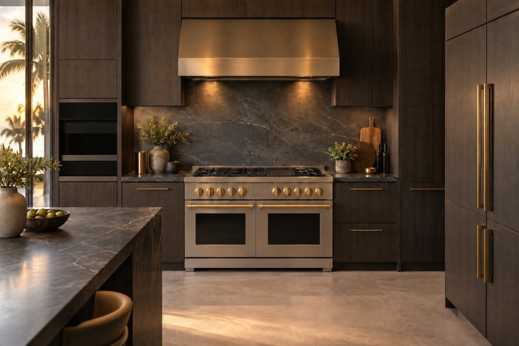 A 48-inch range standing in a run of dark fitted cabinetry in a kitchen, in warm low light.