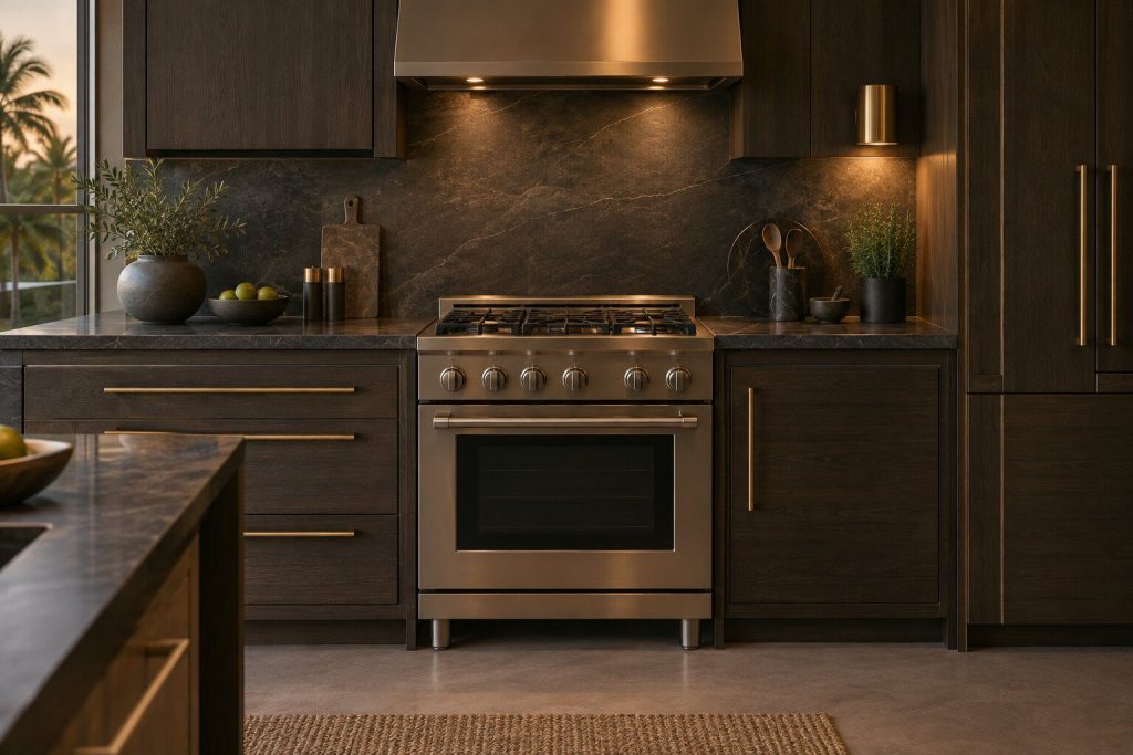 A 30-inch all-gas professional range standing in a run of dark fitted cabinetry in a kitchen, in warm low light.