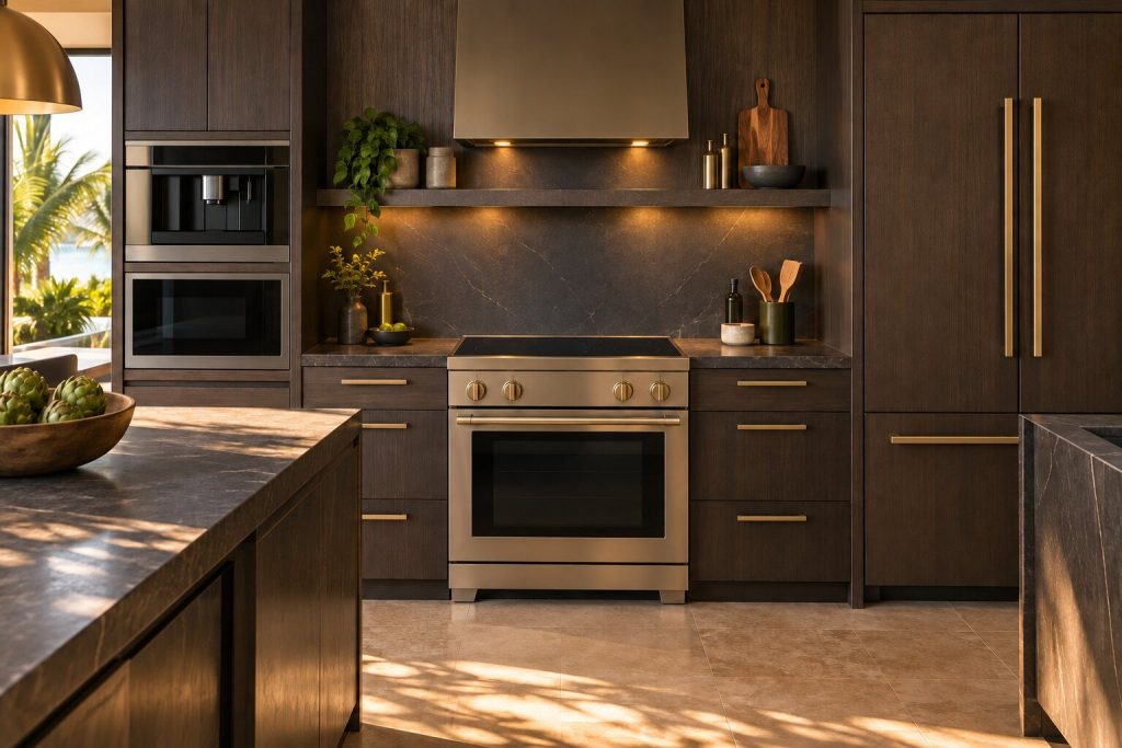 A 30-inch induction professional range standing in a run of dark fitted cabinetry in a kitchen, in warm low light.